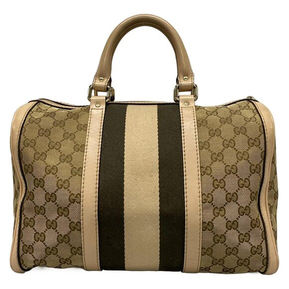 Auth GUCCI GG 247205 Dark Brown Beige Jacquard Leather Handbag - Picture 2 of 16